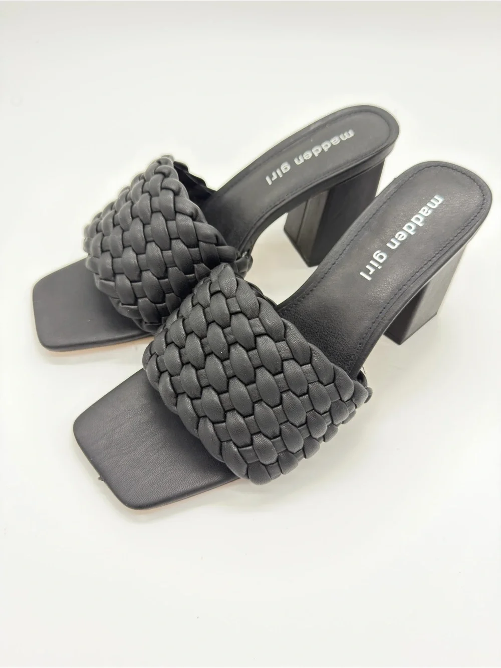 Madden Girl Black Braided Square-Toe Block Heel Slides
